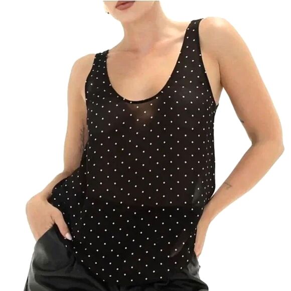 Rumored Black Polka Dot Classic Tank Top Small Mesh Old Fashioned Sleeveless NWT - Picture 1 of 6